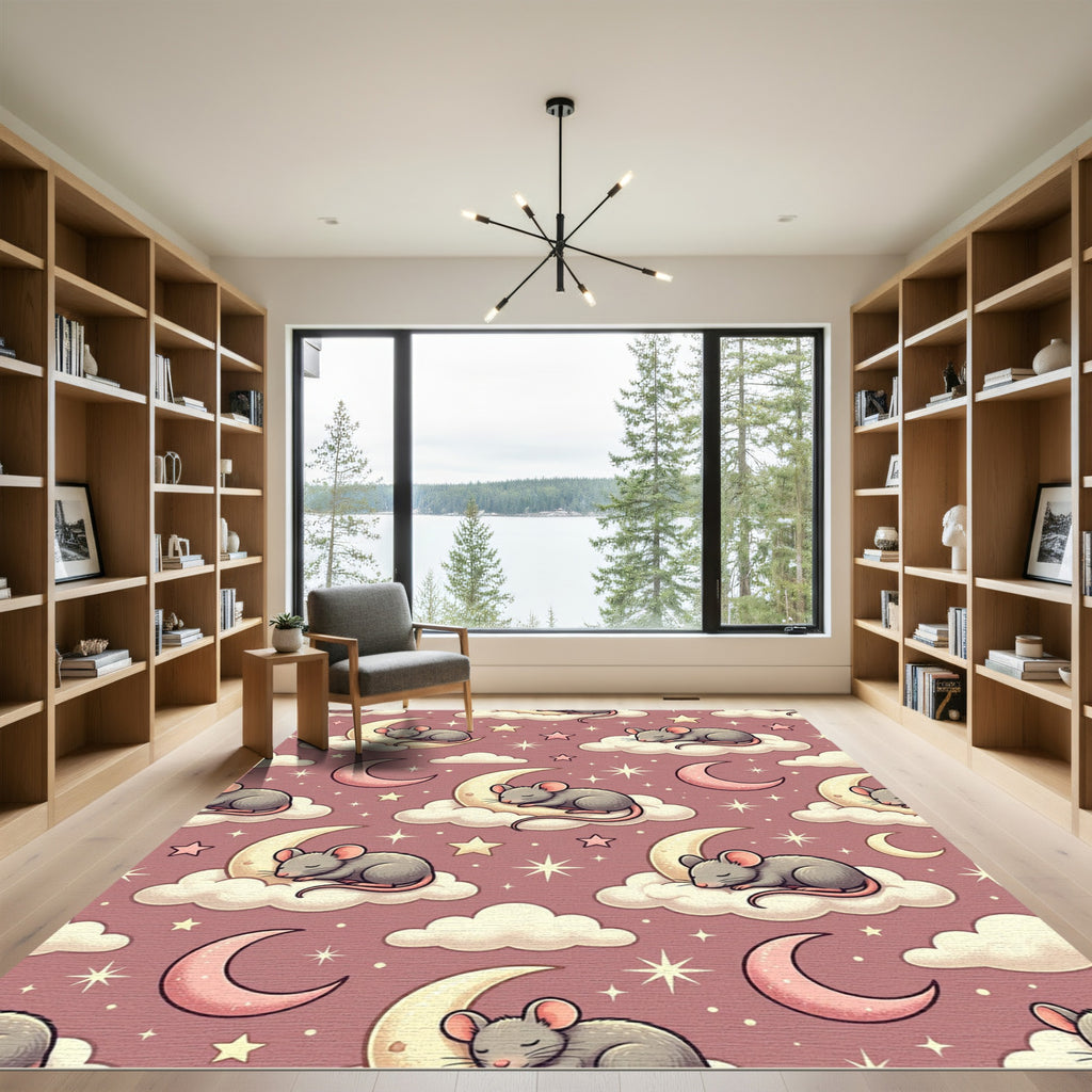 Whimsical Sleeping Mouse Celestial Crescent Cloud Rug