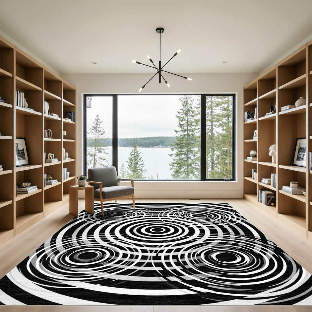 Black White Concentric Circles Op Art Rug