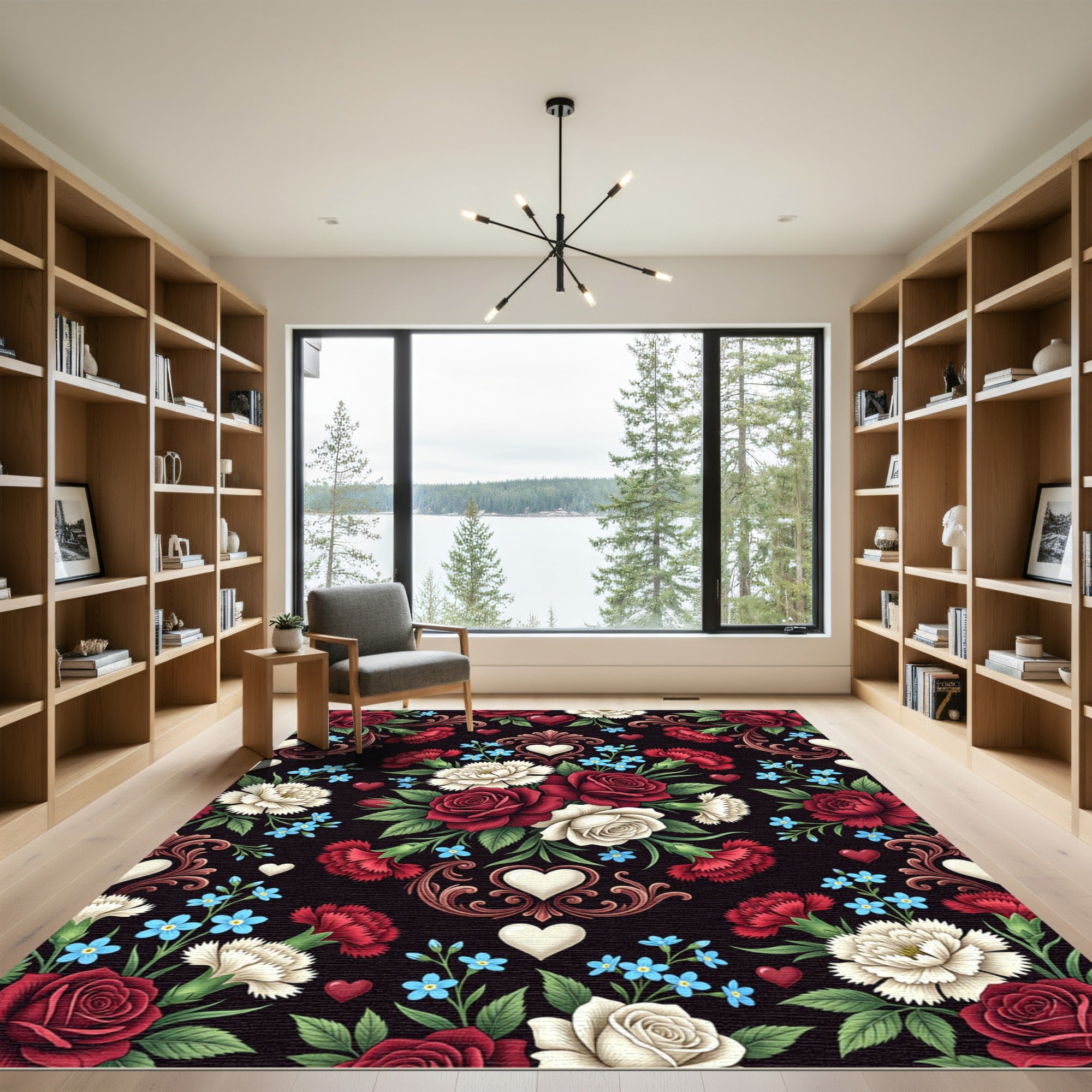 Romantic Crimson Rose Heart Floral Medallion Rug