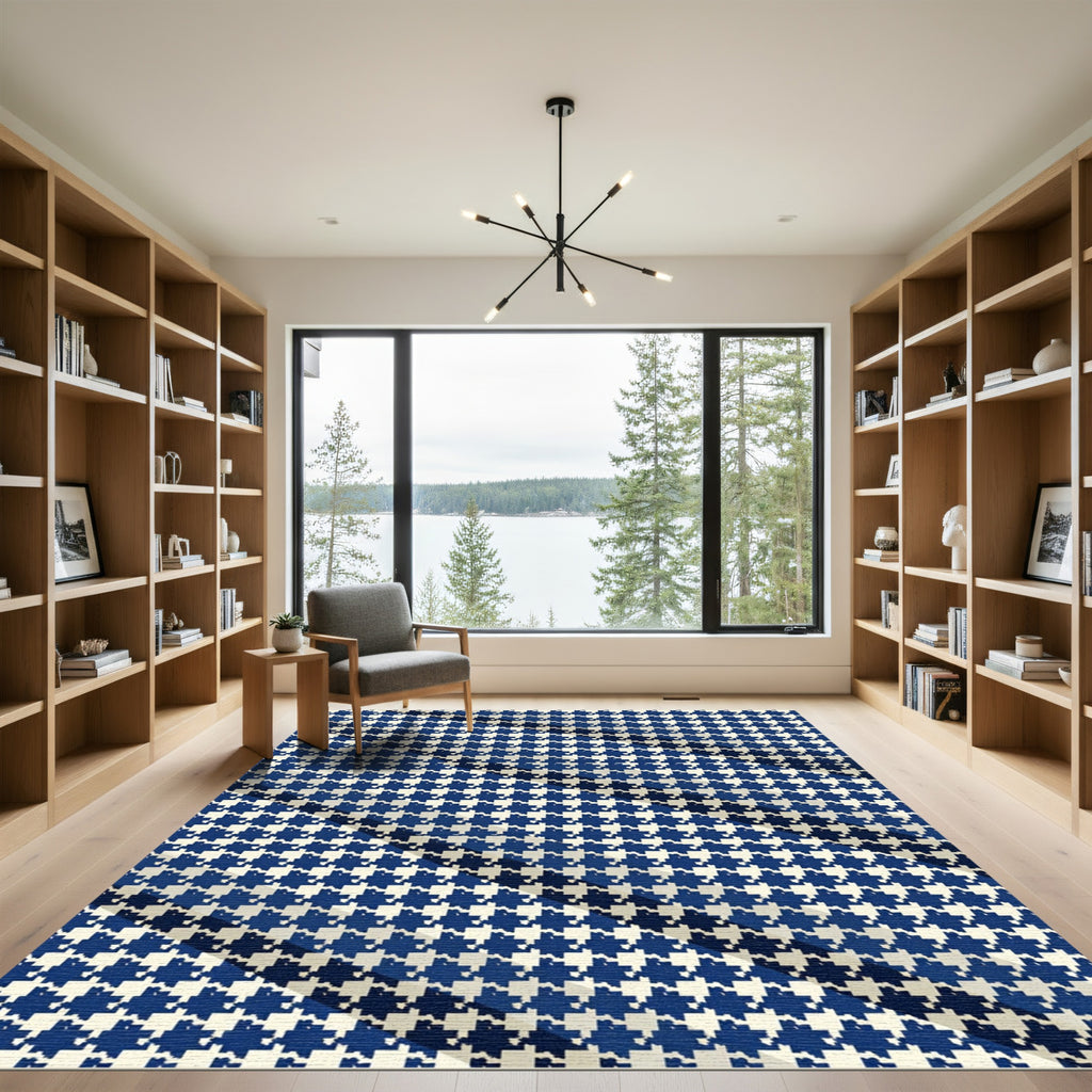 Classic Navy Blue Houndstooth Check Rug