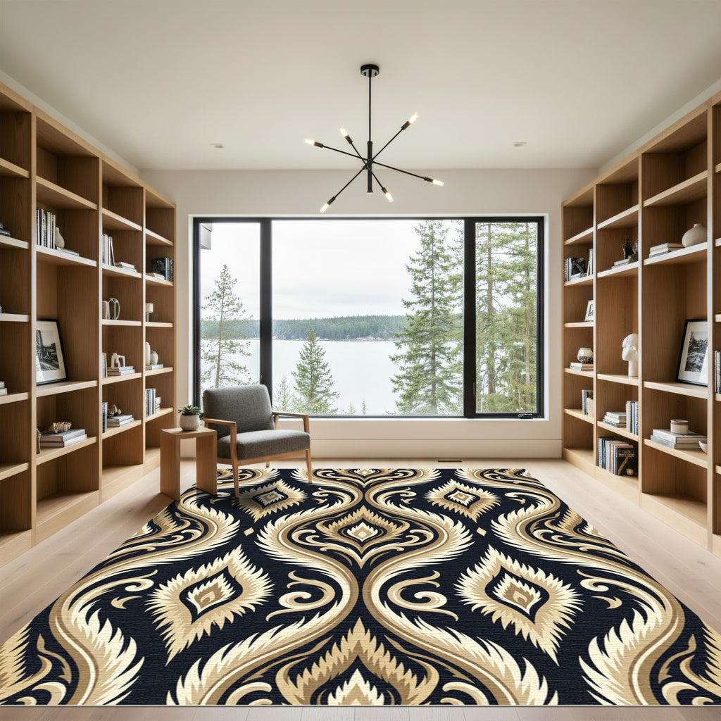 Gilded Black Damask Flourish Rug