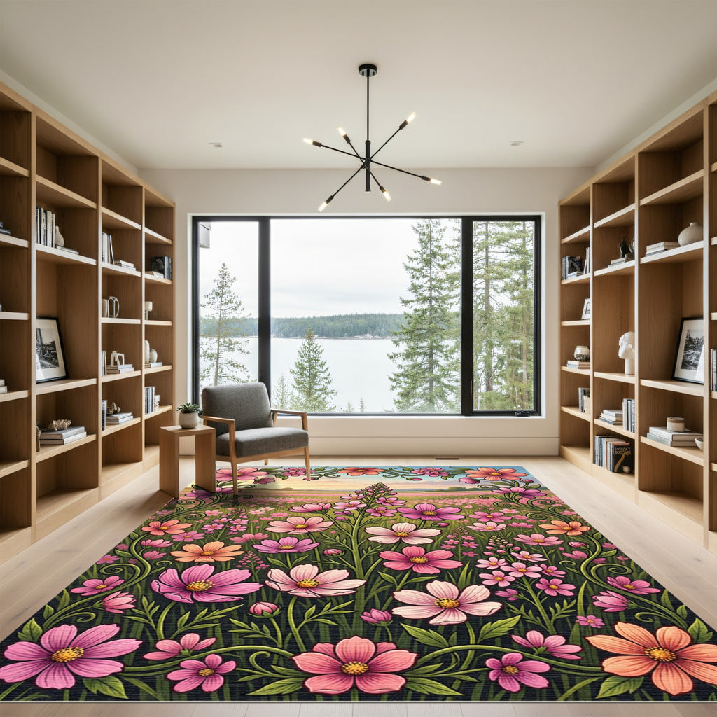 Pink Floral Meadow Art Rug