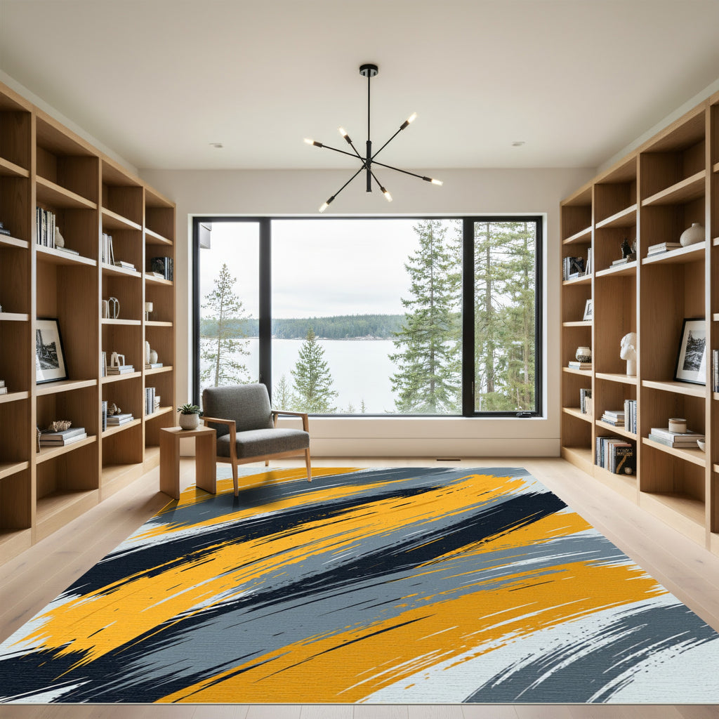 Abstract Yellow Gray Black Brush Strokes Rug