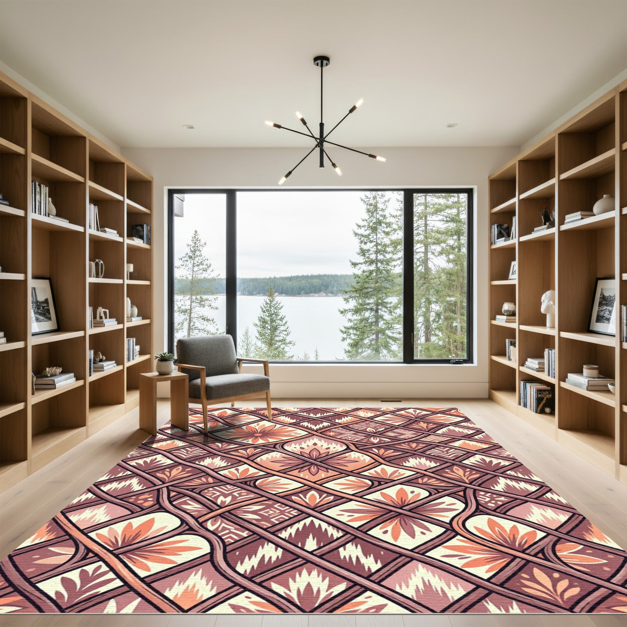 Terracotta Floral Ikat Lattice Grid Rug