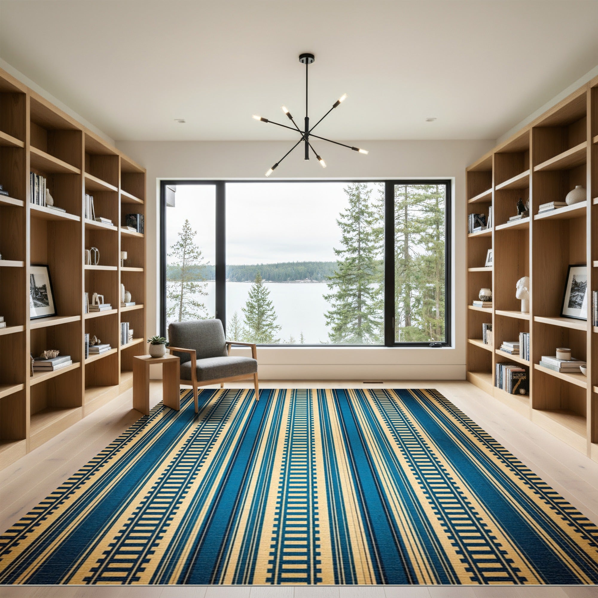 Vintage Blue Gold Linear Stripe Rug
