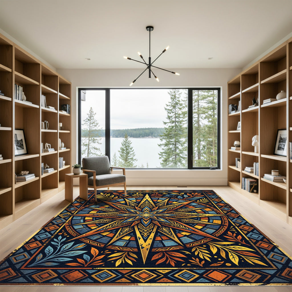Golden Celestial Star Geometric Art Rug