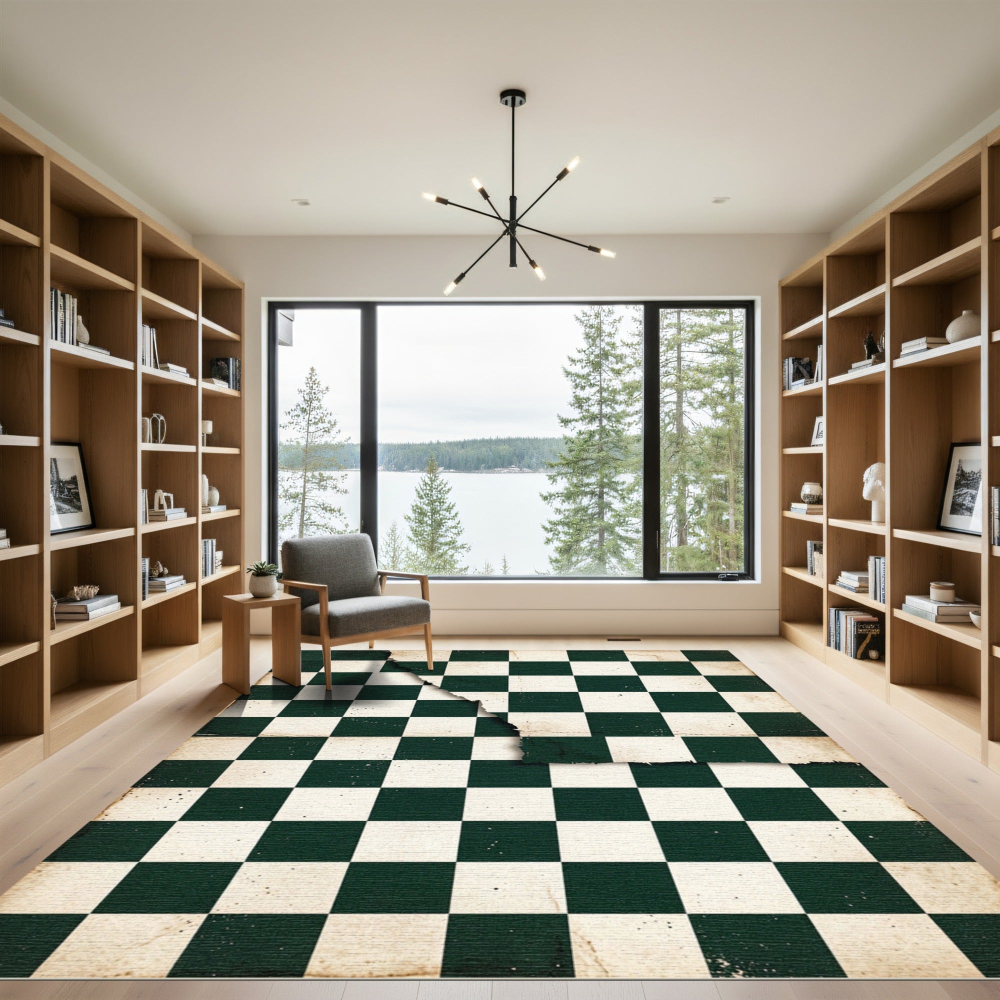 Distressed Dark Green Checkerboard Grid Rug