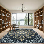 Elegant Gold and Navy Damask Medallion Rug