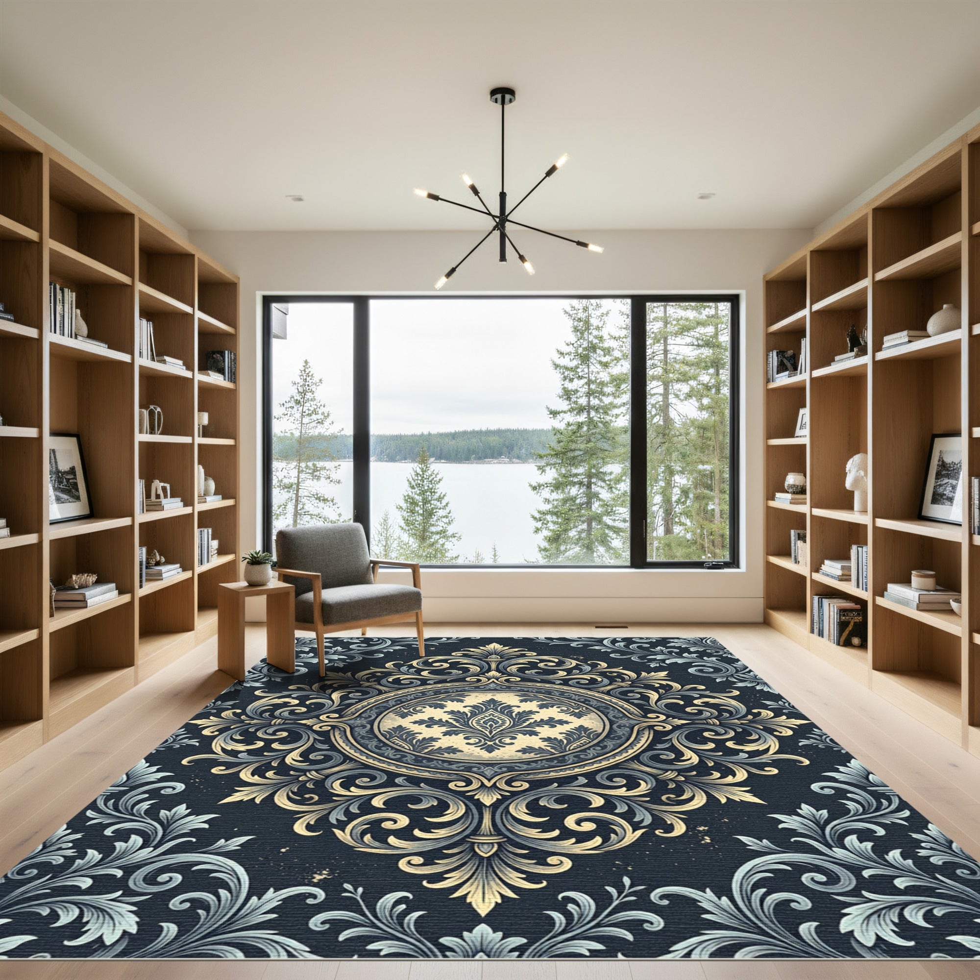 Elegant Gold and Navy Damask Medallion Rug