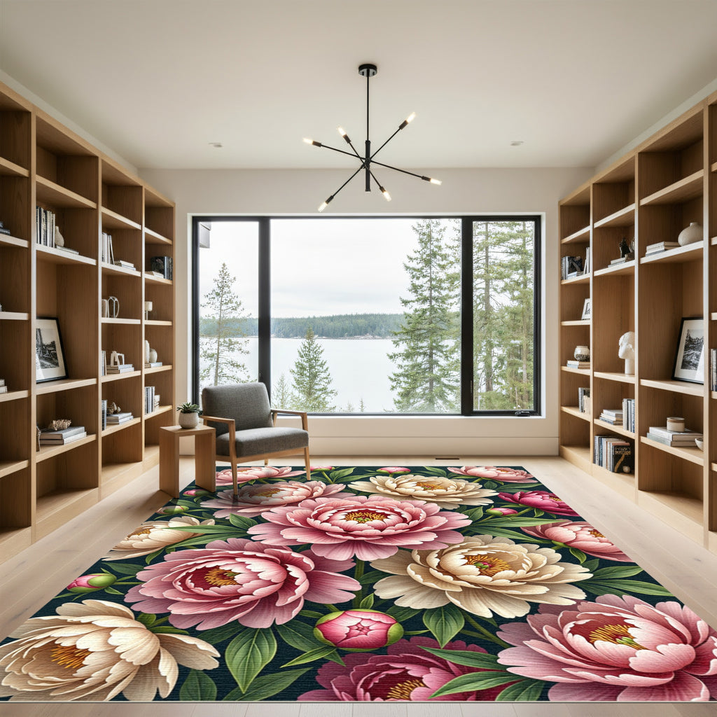 Soft Pink Peony Garden Blooms Rug
