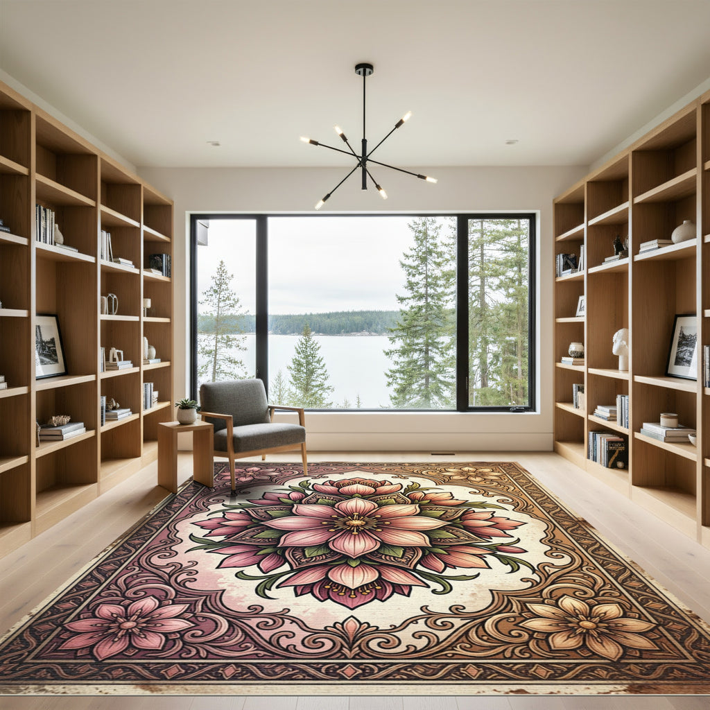 Pink Floral Arrangement Vintage Frame Rug