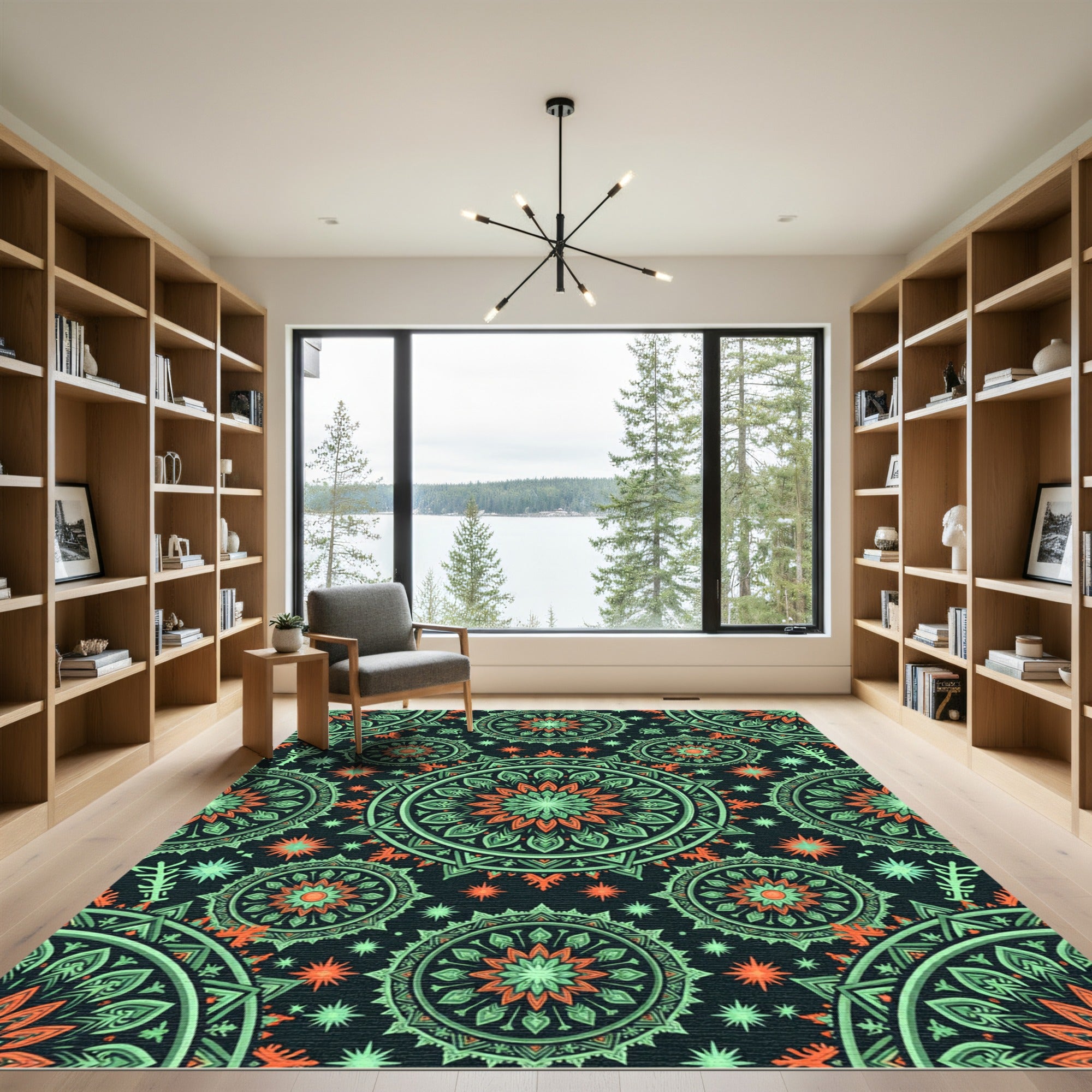 Emerald Orange Mandala Medallion Layered Rug