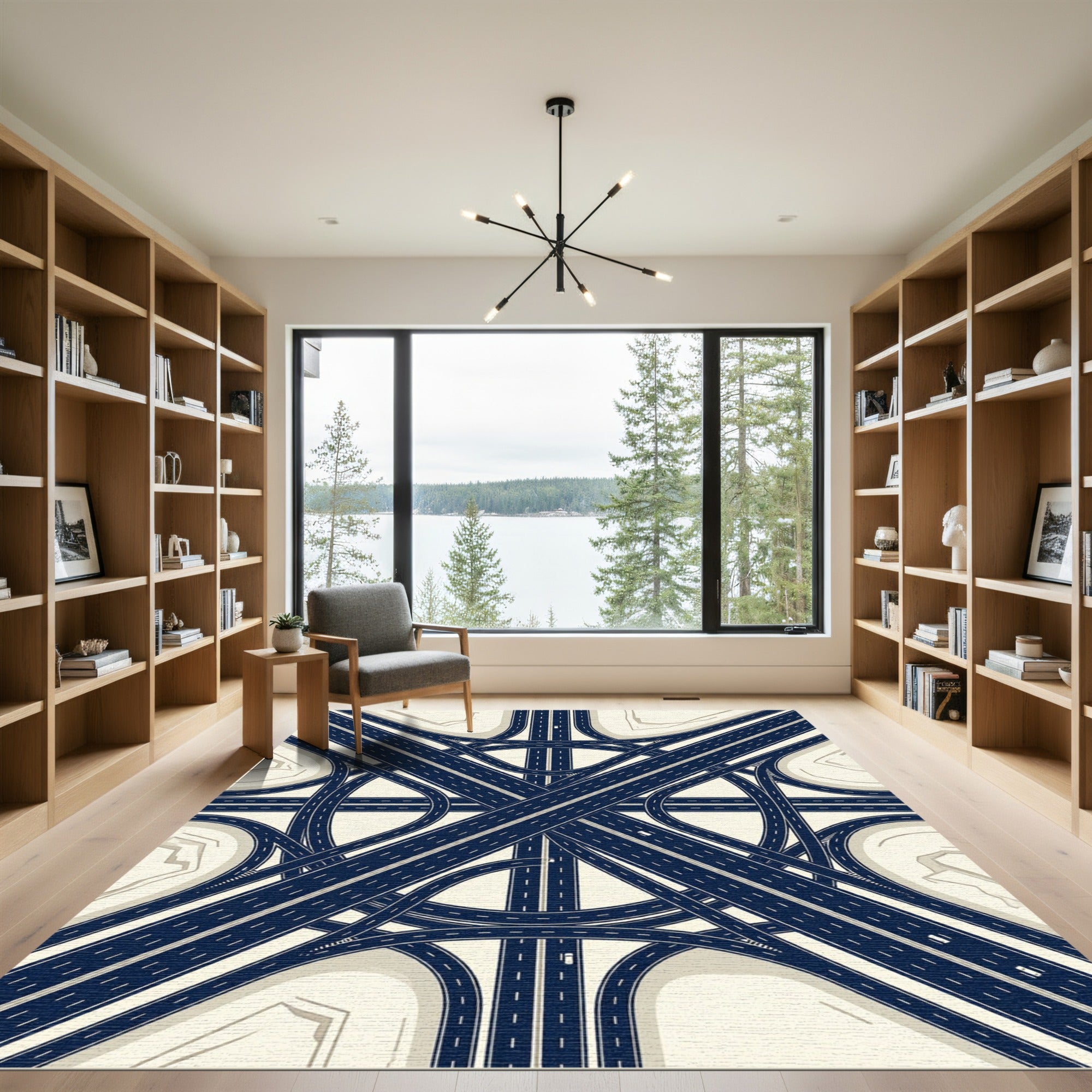 Modern Midnight Navy Highway Intersection Rug