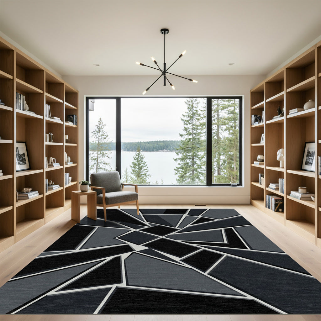 Modern Black Gray Geometric Fragment Rug