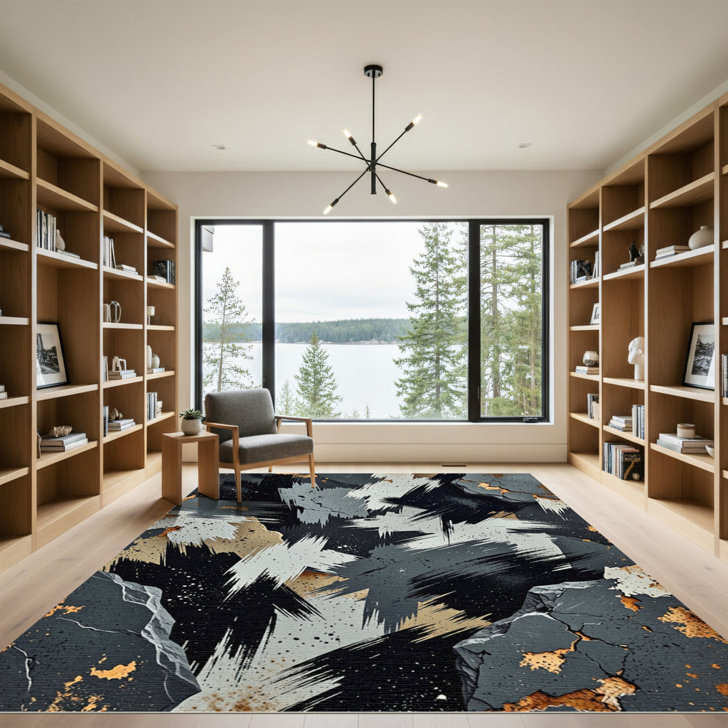Abstract Charcoal Brushed Gold Ink Composition Rug