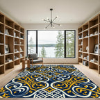 Elegant Navy and Gold Ornate Scroll Rug