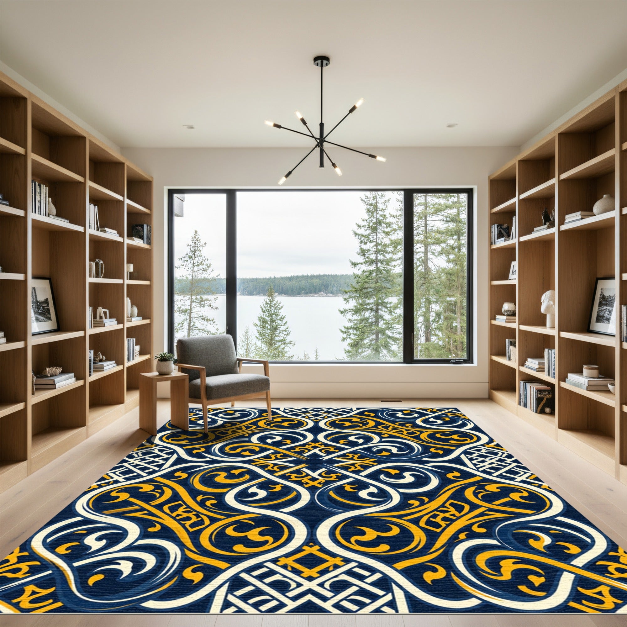 Elegant Navy and Gold Ornate Scroll Rug