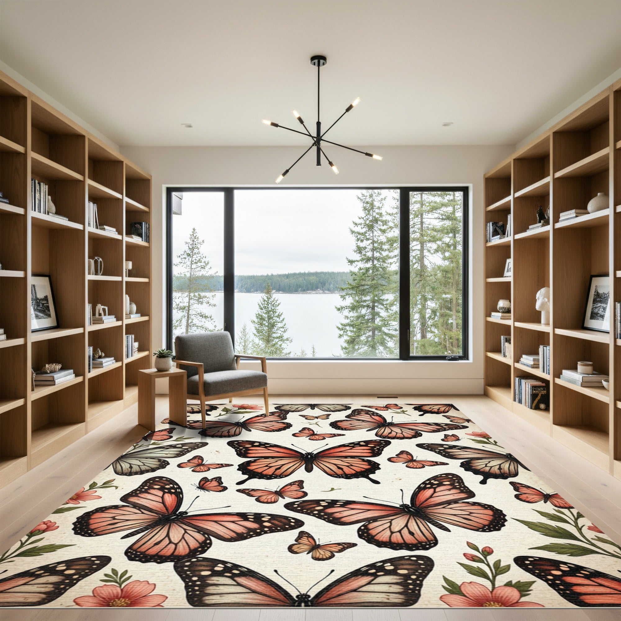 Whimsical Peach Butterfly Garden Art Rug