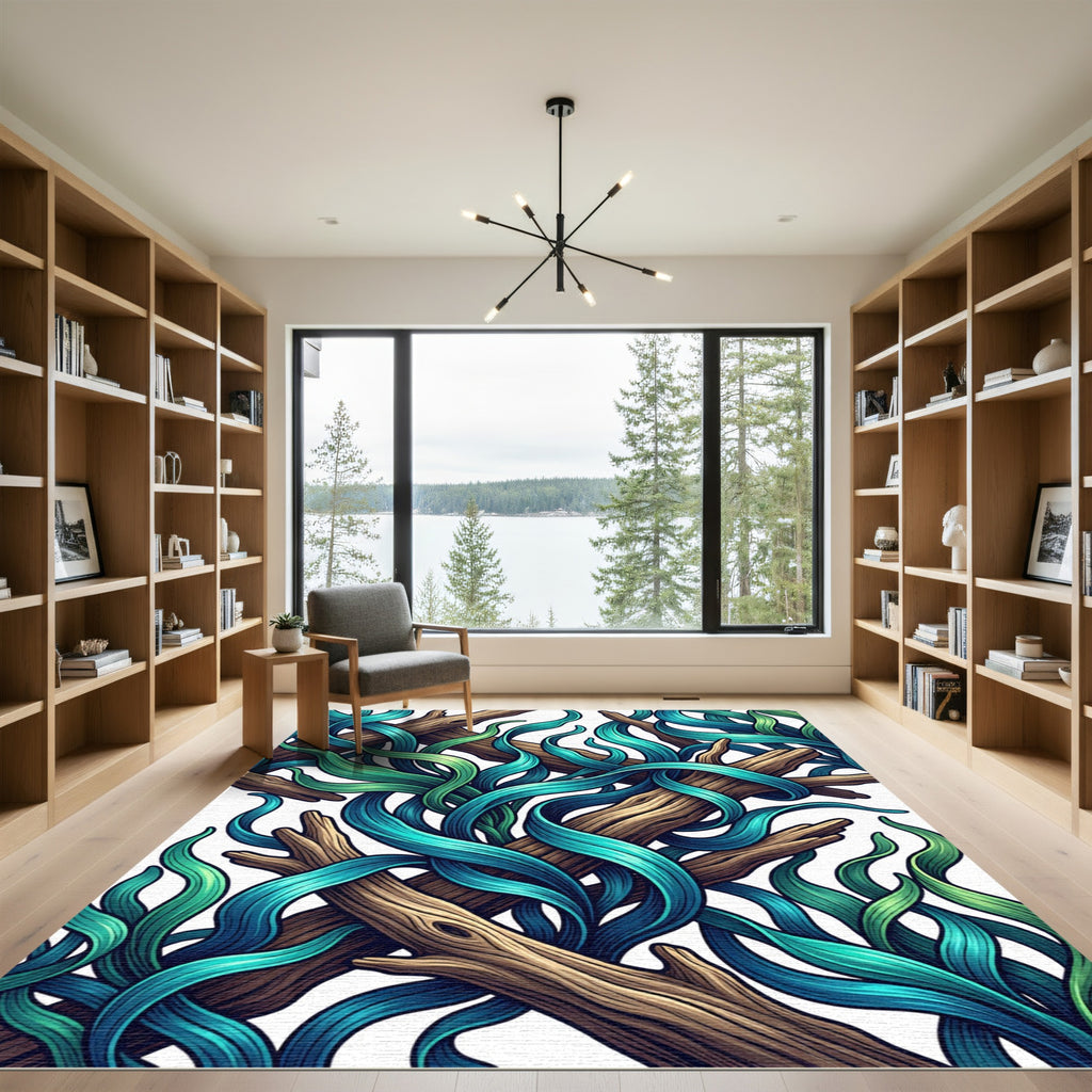Abstract Teal Kelp and Driftwood Swirls Rug