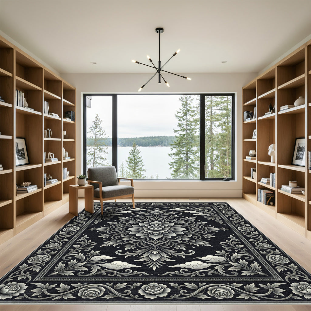 Ornate Black Silver Floral Cloud Rug