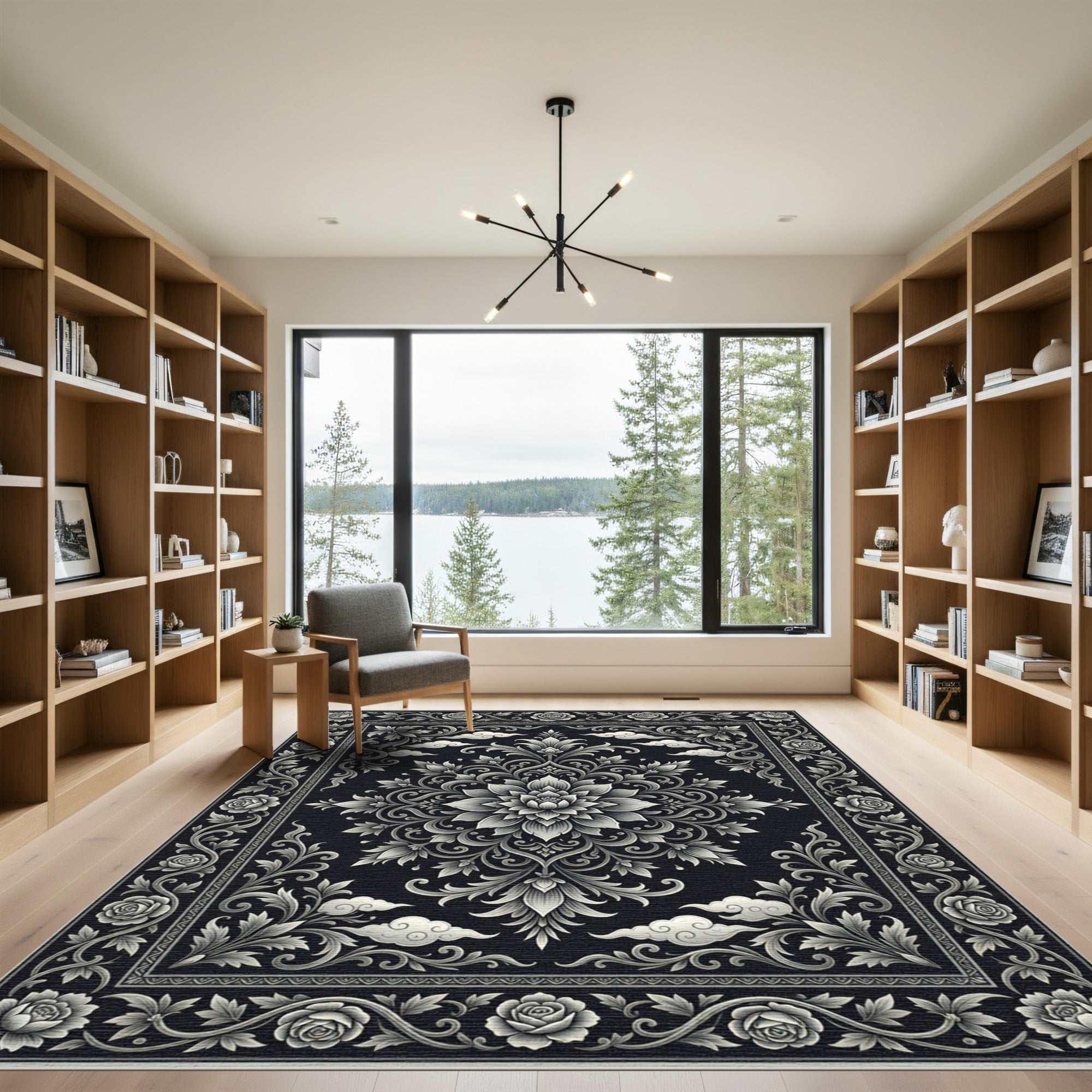 Ornate Black Silver Floral Cloud Rug