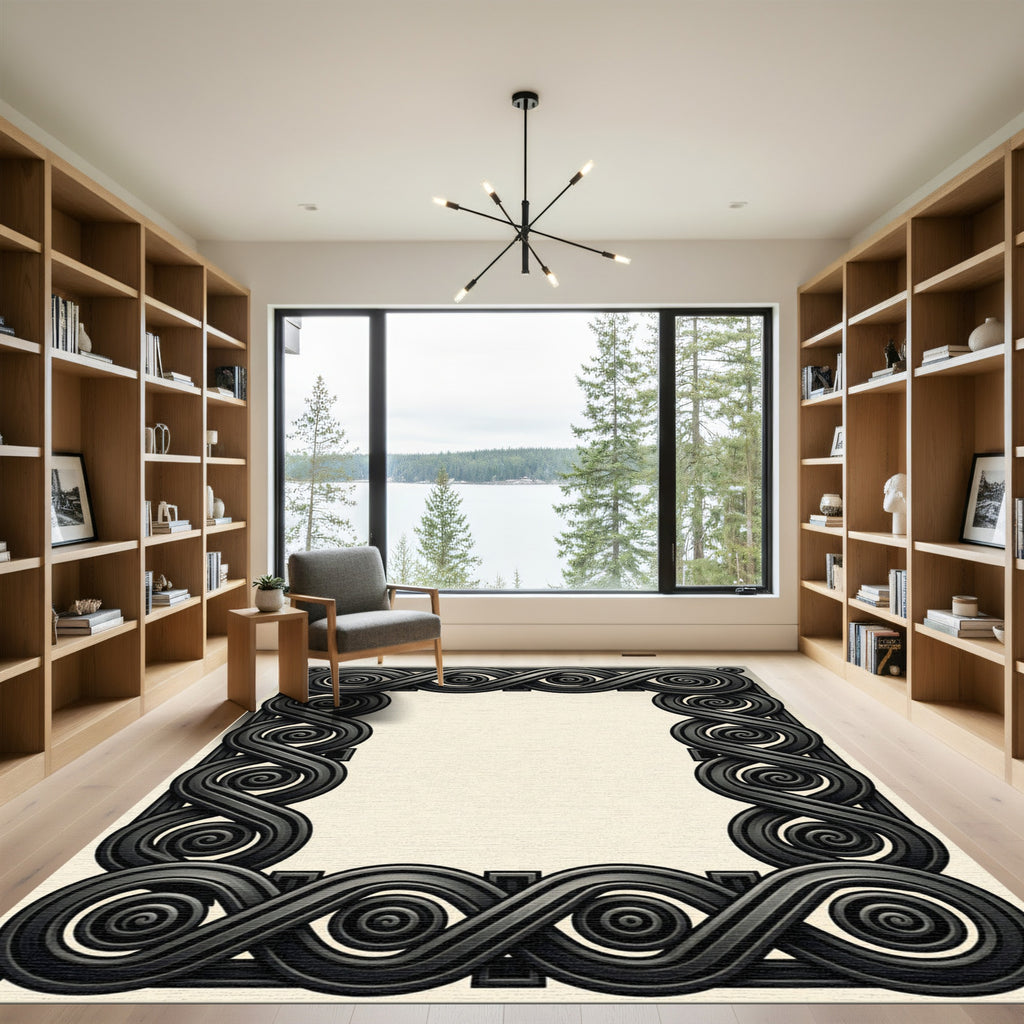 Dark Gray Interlocking Scroll Border Rug
