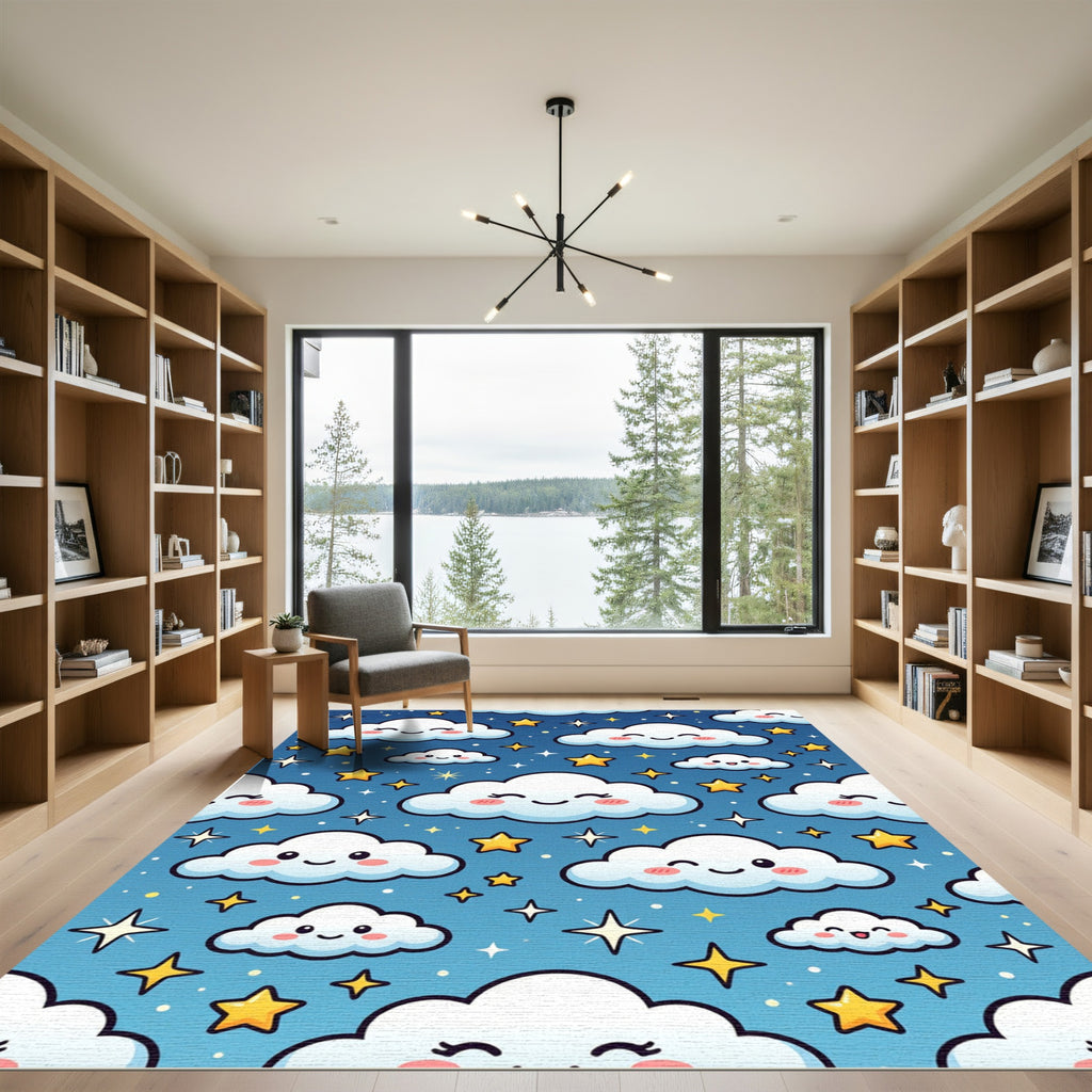 Cute Celestial Clouds and Golden Stars Rug