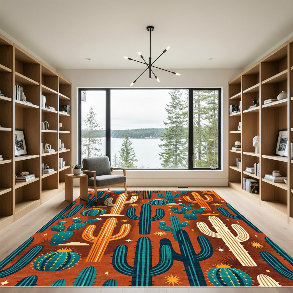 Earthy Boho Cactus and Star Art Rug