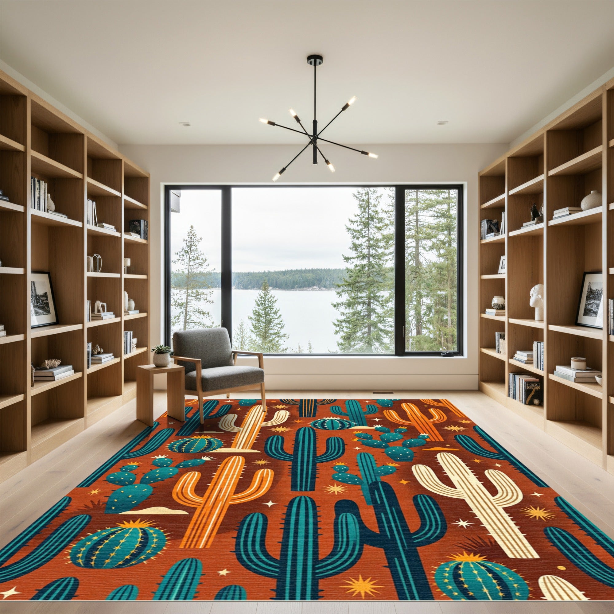 Earthy Boho Cactus and Star Art Rug