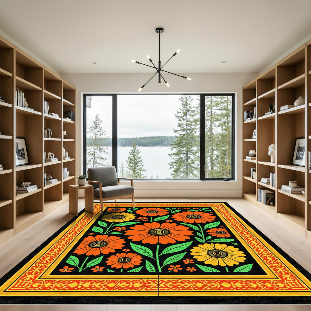 Bold Orange Yellow Floral Border Black Rug