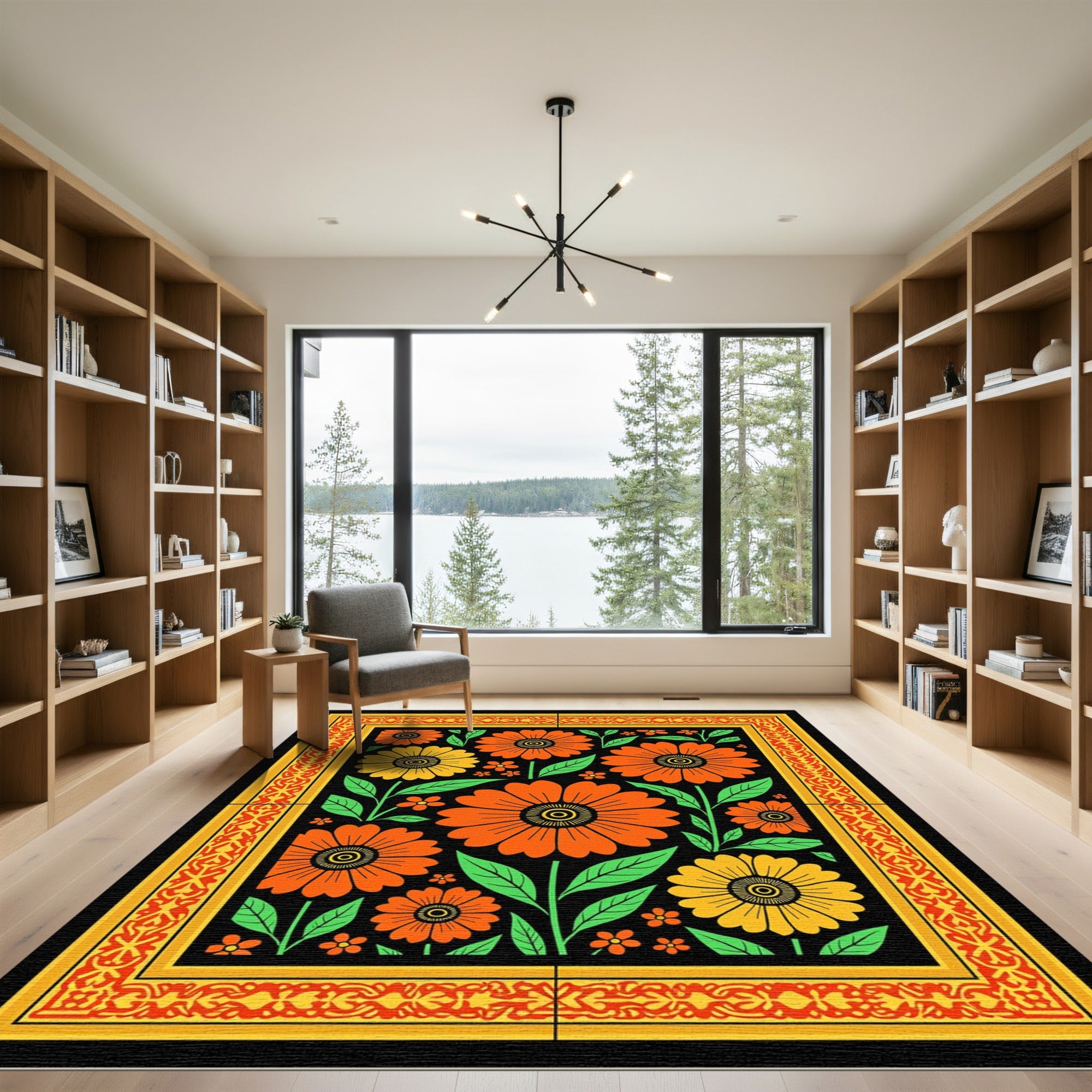 Bold Orange Yellow Floral Border Black Rug