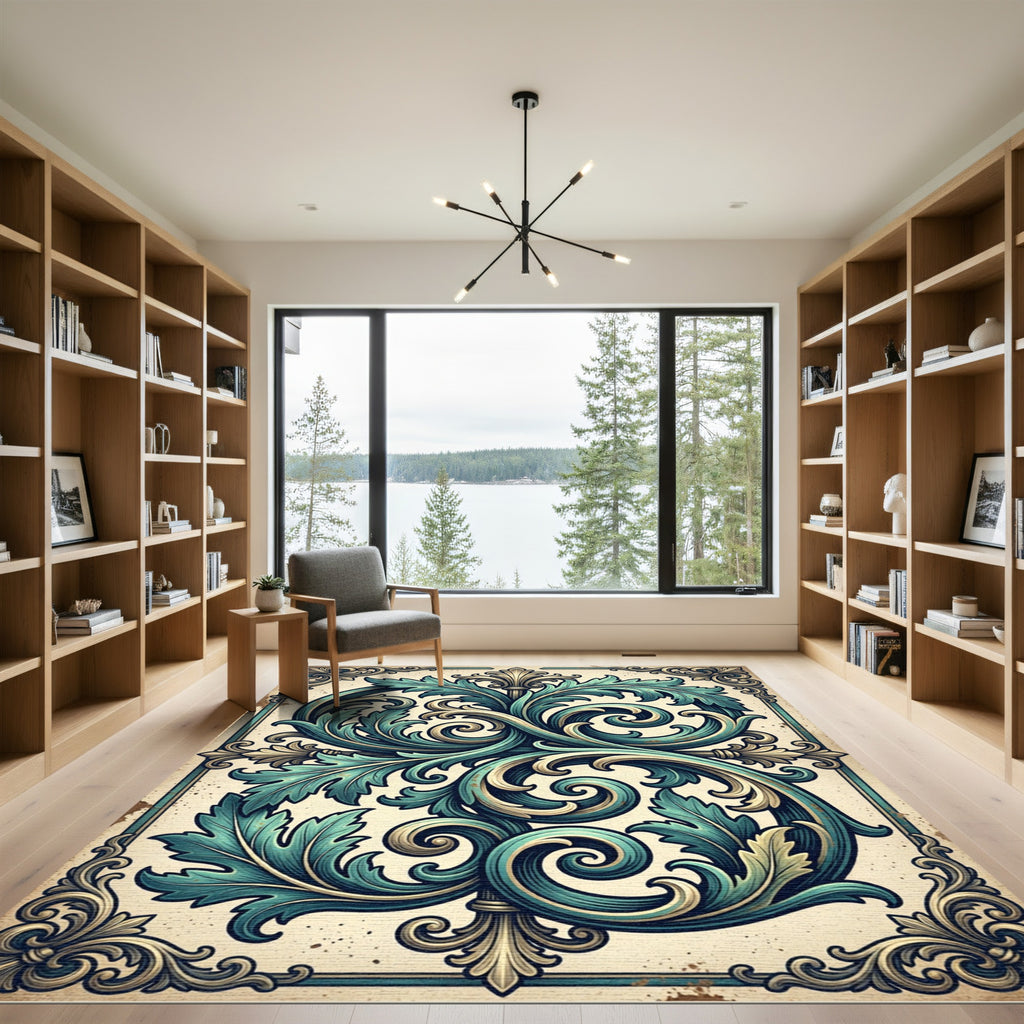 Ornate Teal Acanthus Scroll Damask Rug