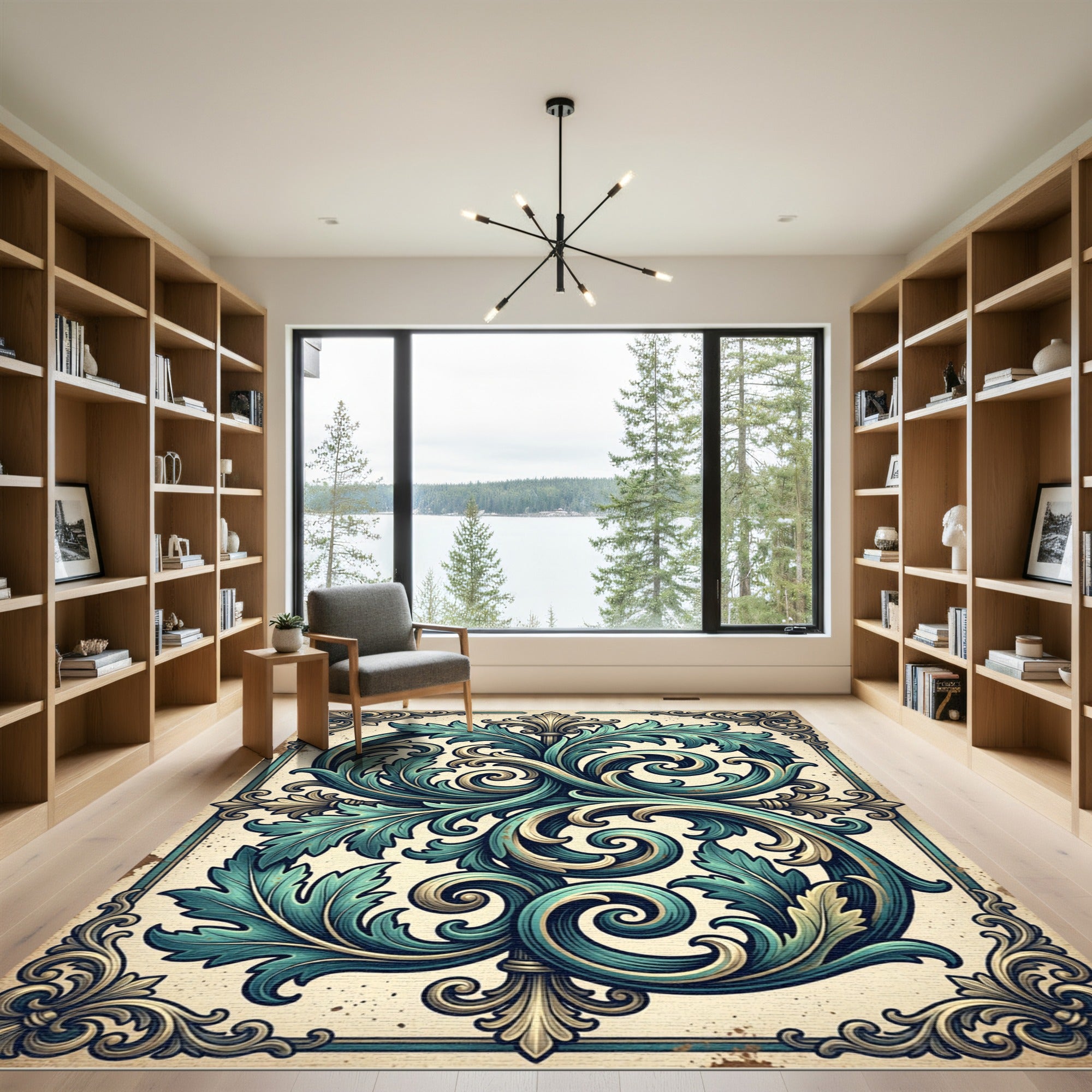 Ornate Teal Acanthus Scroll Damask Rug