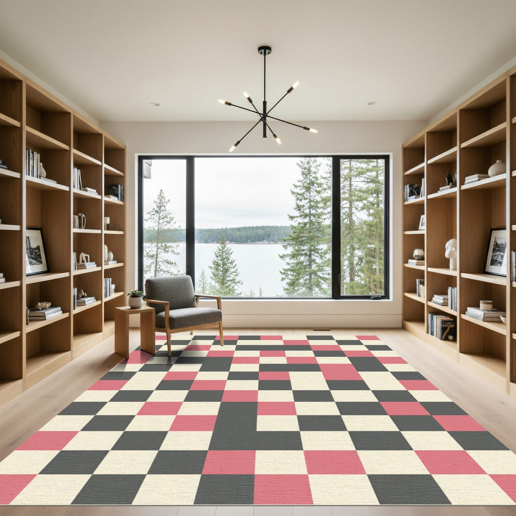 Modern Pink and Charcoal Geometric Grid Rug
