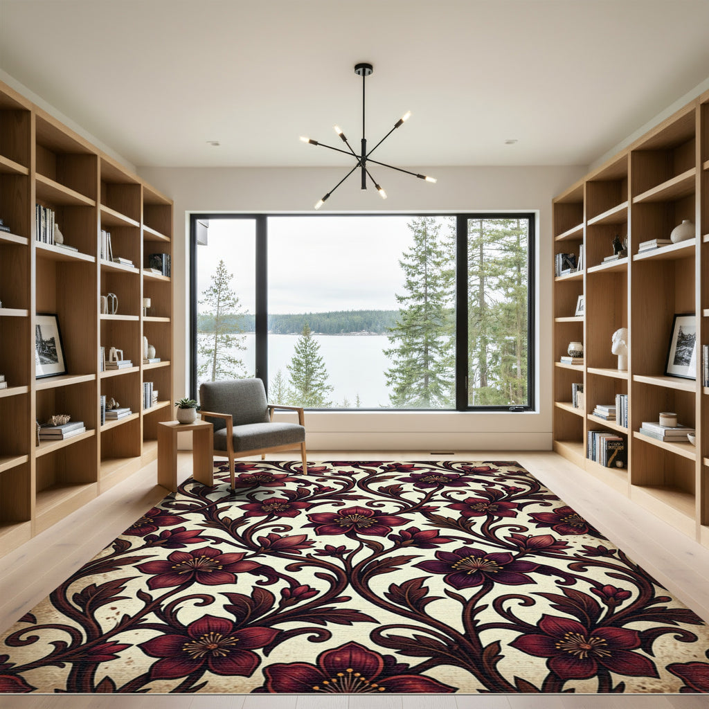 Dark Crimson Floral Scroll Art Nouveau Rug