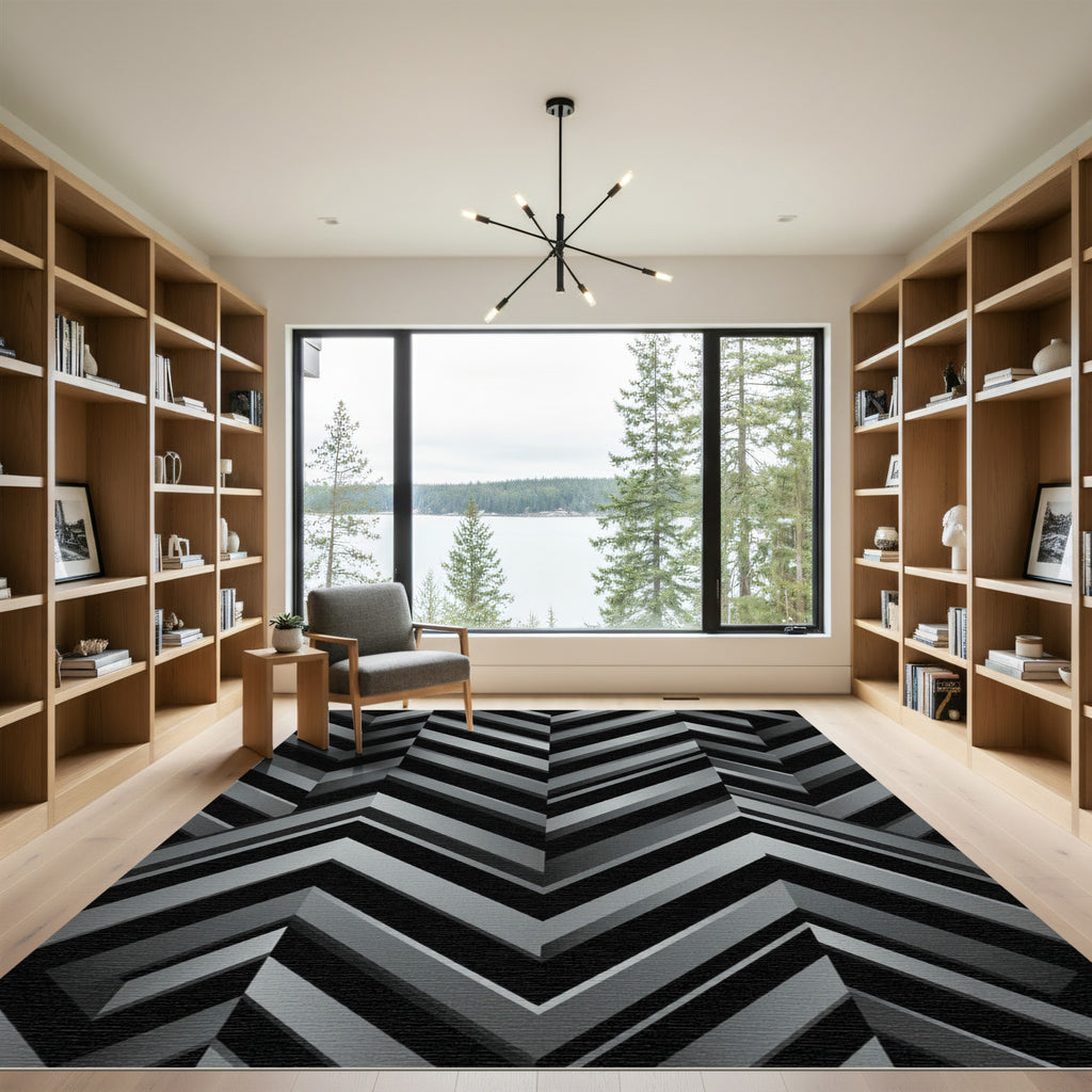 Modern Charcoal Geometric Chevron Angle Rug