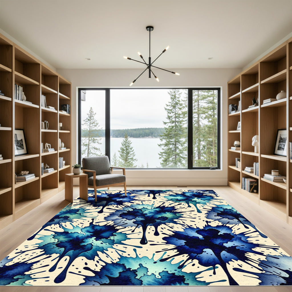 Blue Watercolor Ink Splatter Abstract Rug