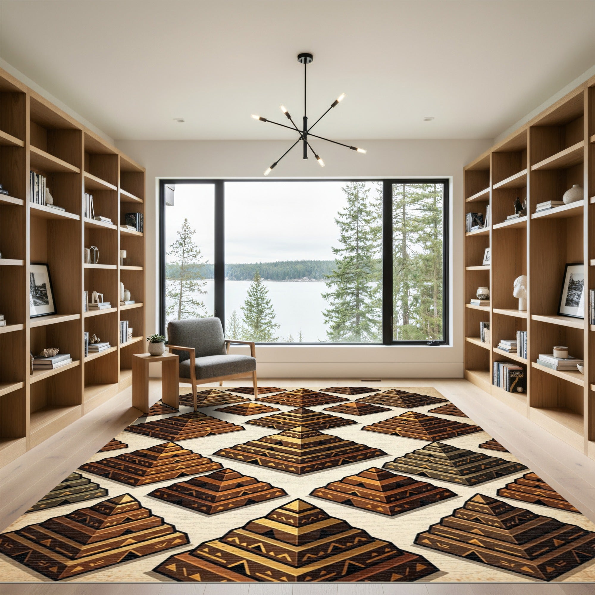 Symmetrical Golden Terracotta Tiered Pyramid Rug