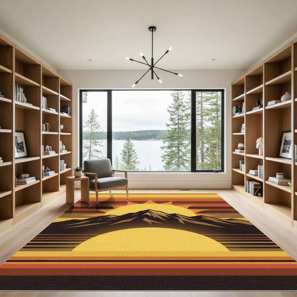Retro Golden Sun Mountain Horizon Rug