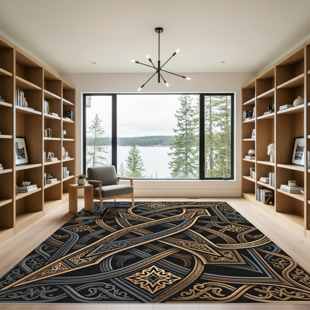 Ornate Gold and Charcoal Interlocking Scroll Rug
