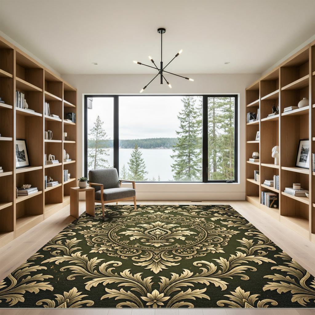 Dark Forest Damask Ornate Gold Filigree Rug