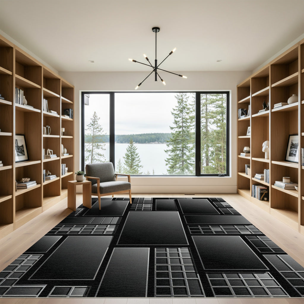 Modern Monochrome Architectural Grid Rug