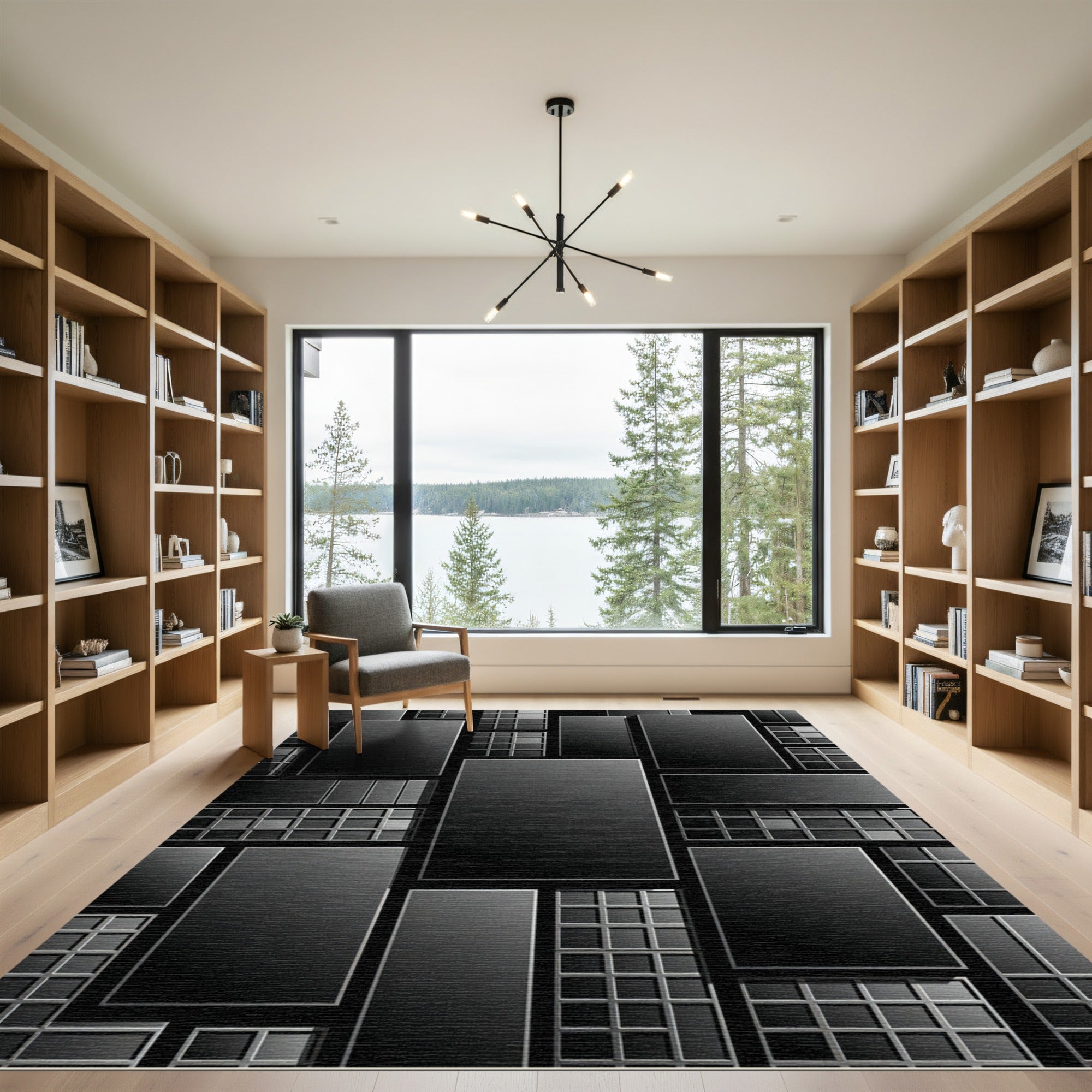 Modern Monochrome Architectural Grid Rug