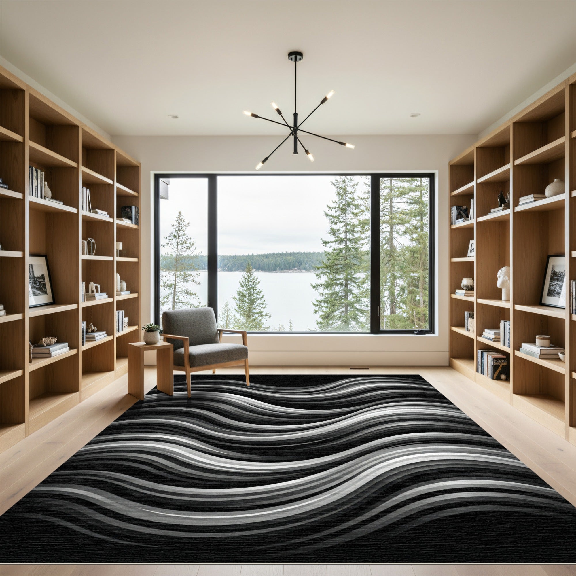 Monochrome Flowing Ribbon Abstract Rug