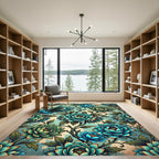 Teal Botanical Chrysanthemum Flourish Art Rug