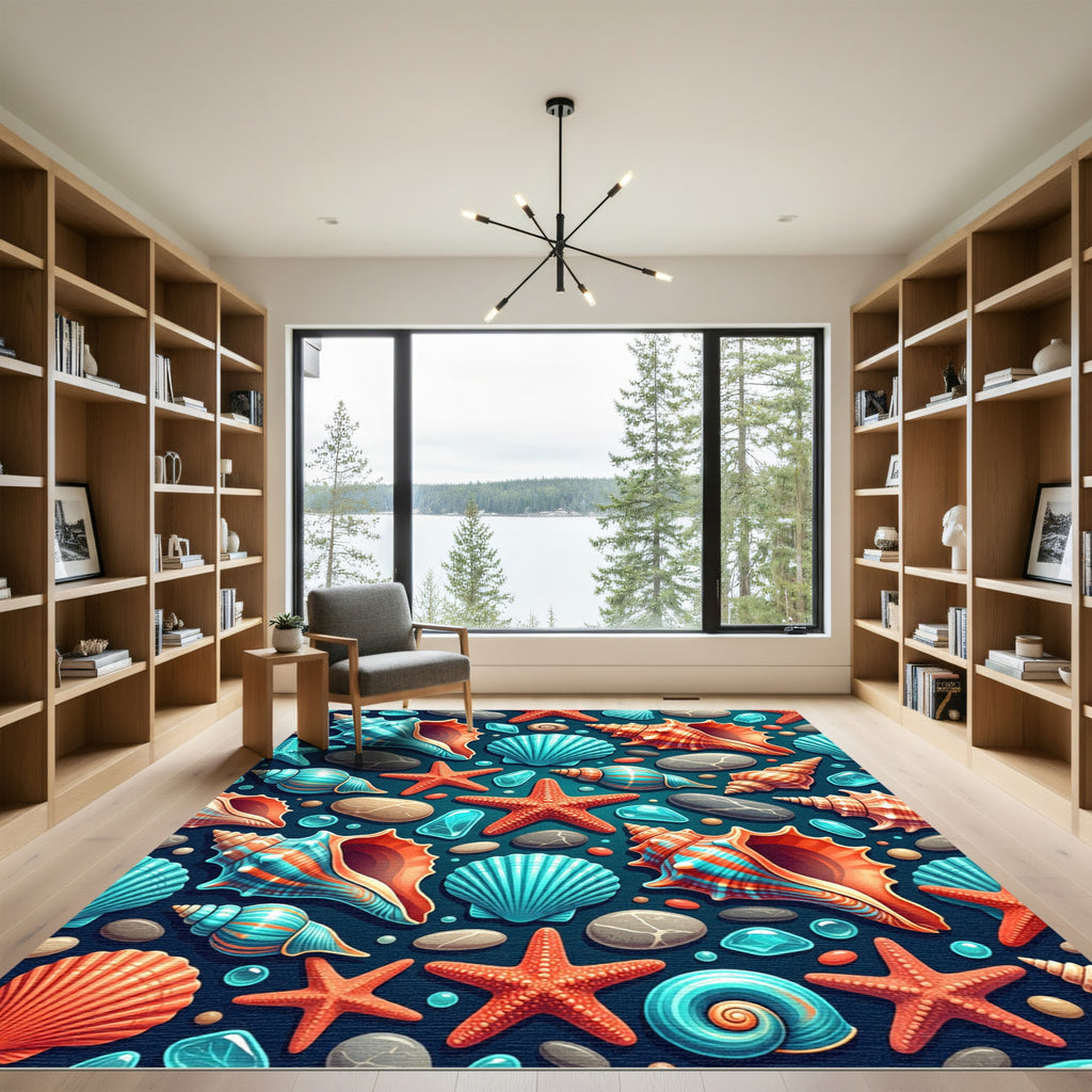 Vibrant Coastal Seashell Coral Starfish Reef Rug