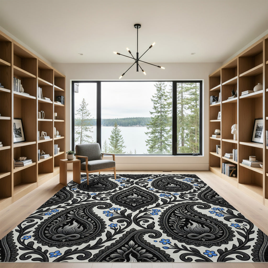 Classic Black Grey Paisley Forget Me Not Rug