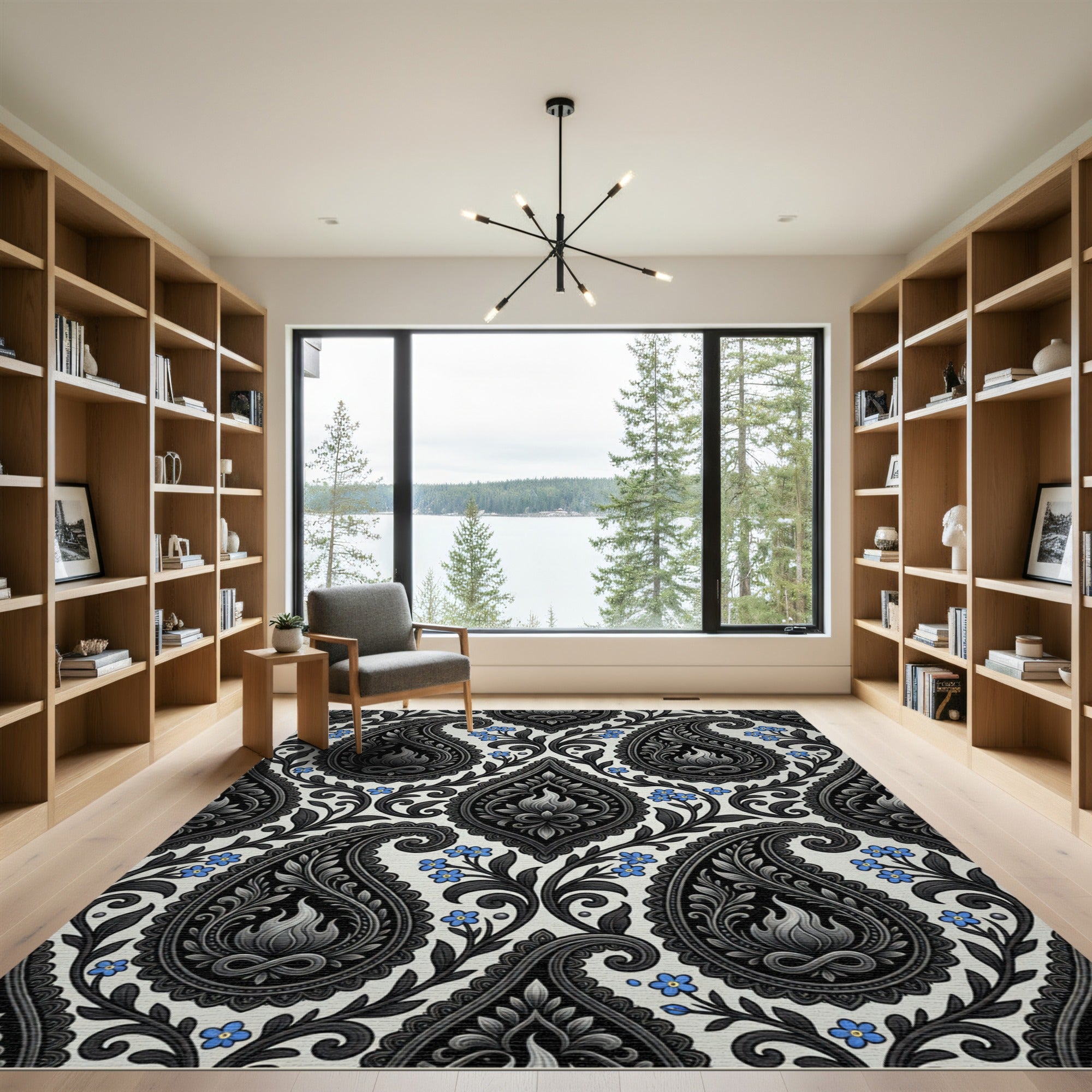 Classic Black Grey Paisley Forget Me Not Rug