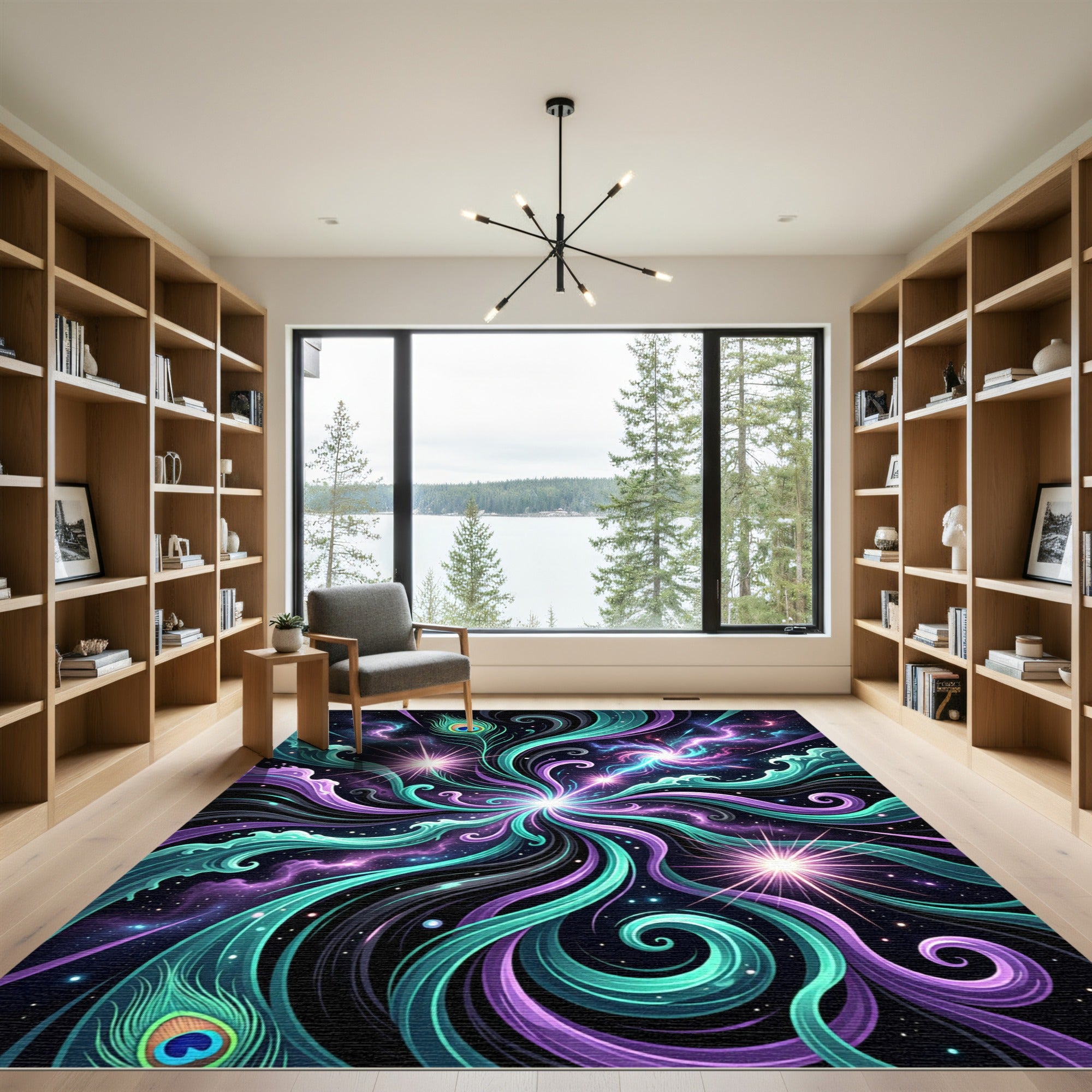 Celestial Peacock Feather Teal Purple Swirl Rug