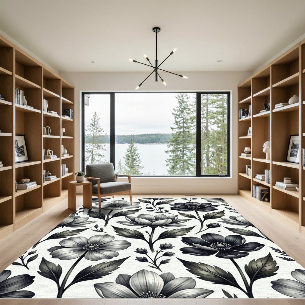 Monochrome Botanical Floral Ink Sketch Rug